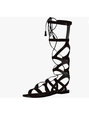 YDN Black Sexy Knee High Lace up Flats Fringe Low Heel Gladiator Strap Sandals